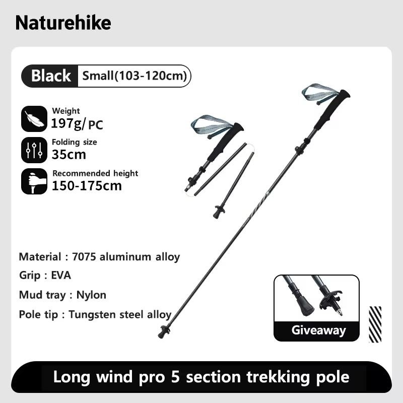 Naturehike Long Wind Trekking Poles Carbon Fiber 7075 Aluminum Alloy Five-section Folding Lightweight Walking Sticks Climbing: black