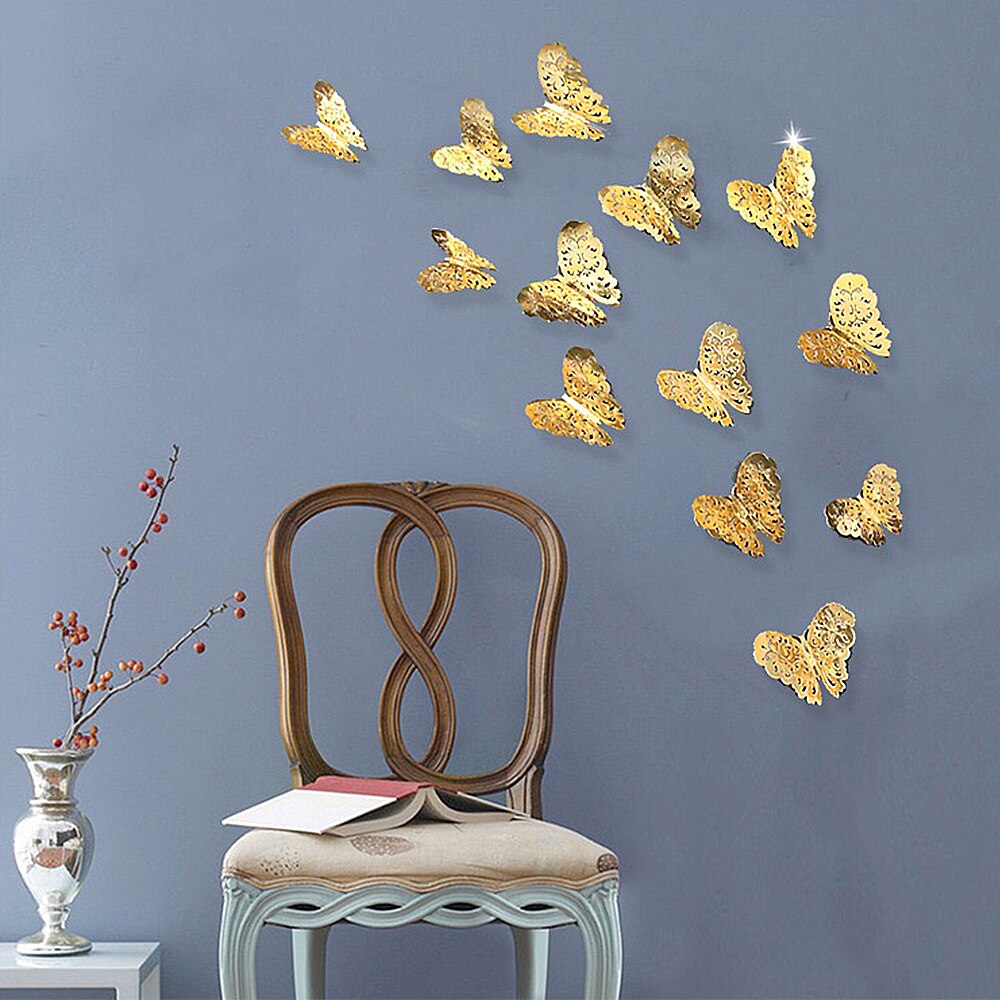 12 Uds calcomanía de mariposa 3D hueca para la decoración de la boda decoración de la sala de estar decoración de hogar para ventana pegatinas de mariposas doradas y plateadas