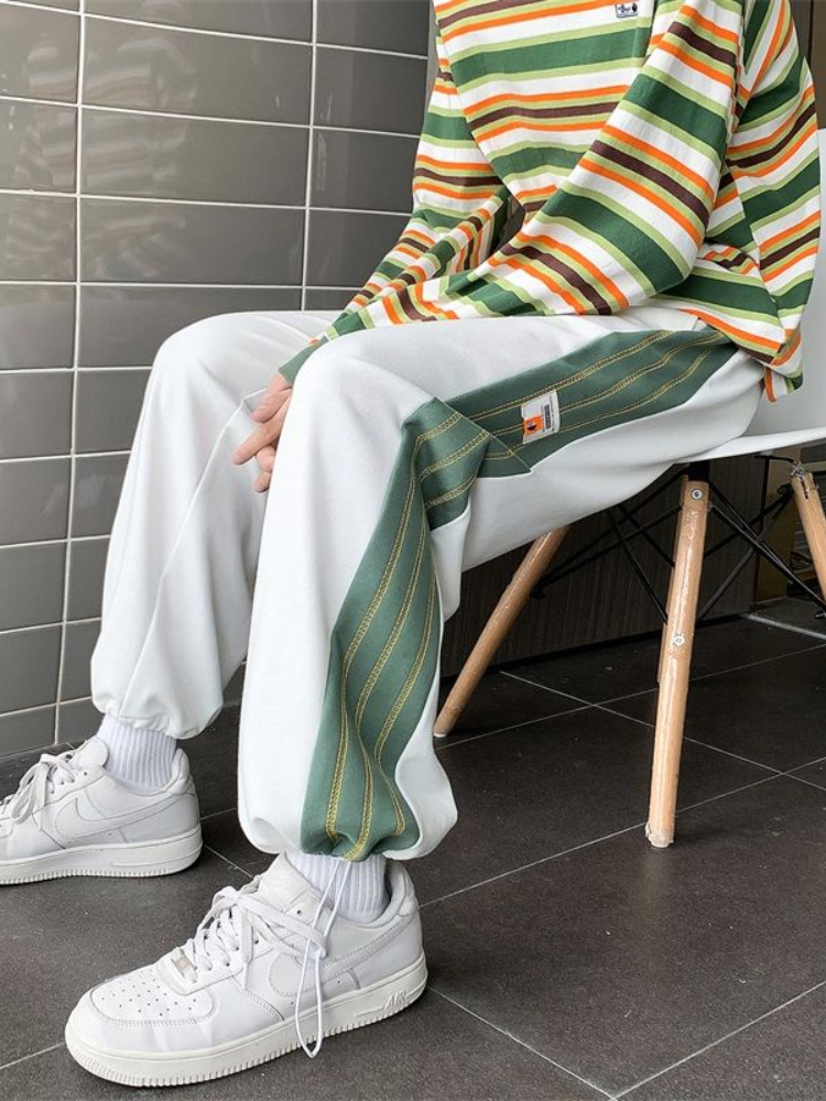 Hip Hop Baggy Broek Hong Kong Stijl Sport Casual Broek Unisex Preppy Stiksels Straight Leg Harembroek High Street Joggers