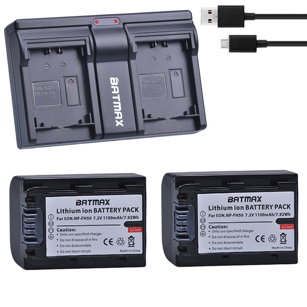 2 Stks 1100 mAh NP-FH50 NP FH50 NPFH5 NP FH70 FH100 Batterijen + USB Dual Charger voor Sony A230 A290 A390 HX100 HX200 HDR-TG1E
