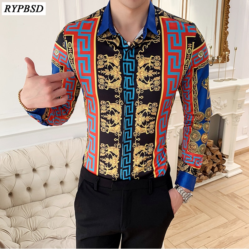 Blumen- Männer Hemd Neue Druck Männer Luxus Hemden schlank passen lässig Langarm Geschäft Hemd Homme M-4XL