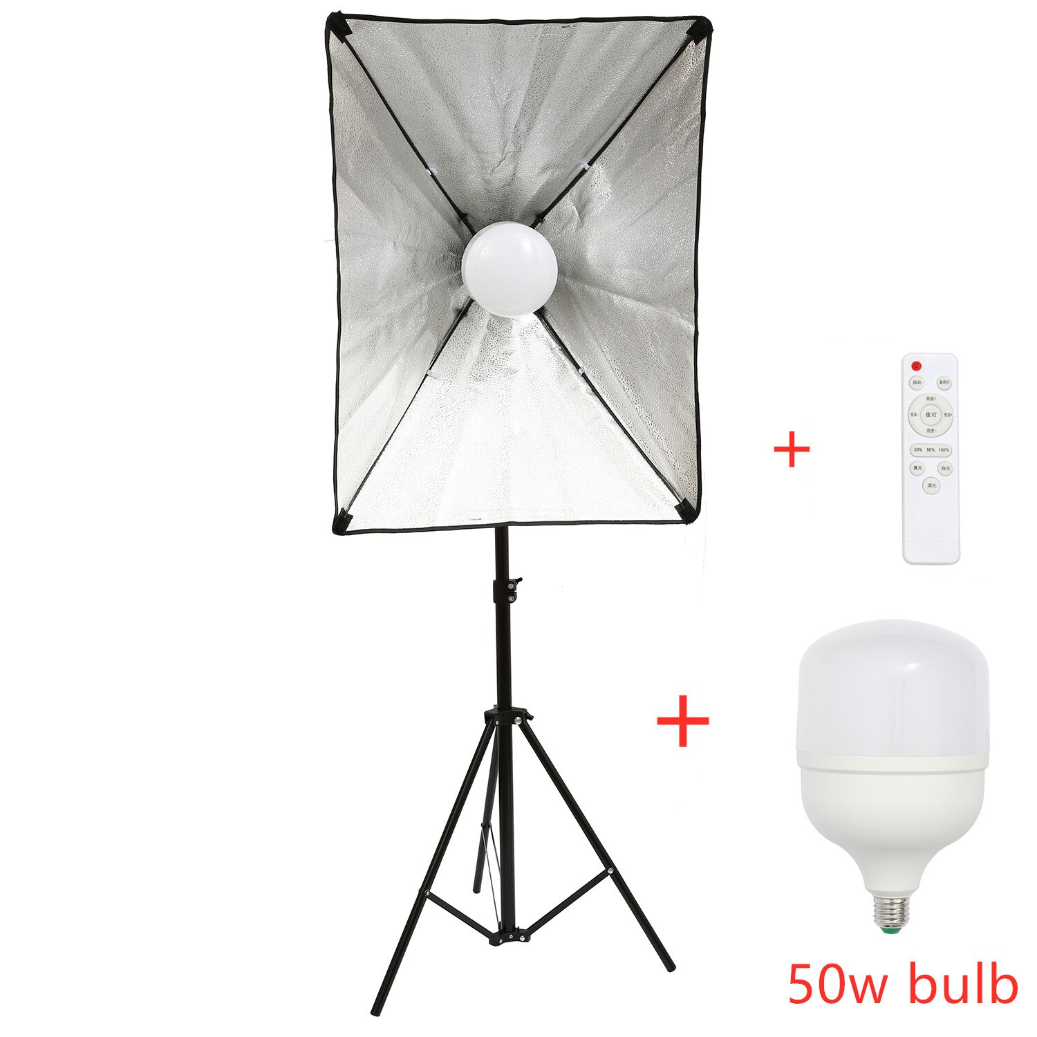Photography Lighting 2m Light Tripod stand +50*70CM Photo Studio Softbox +50W Dimmable LED lamp Bulb For Camera Phone Shooting: With LED bulb