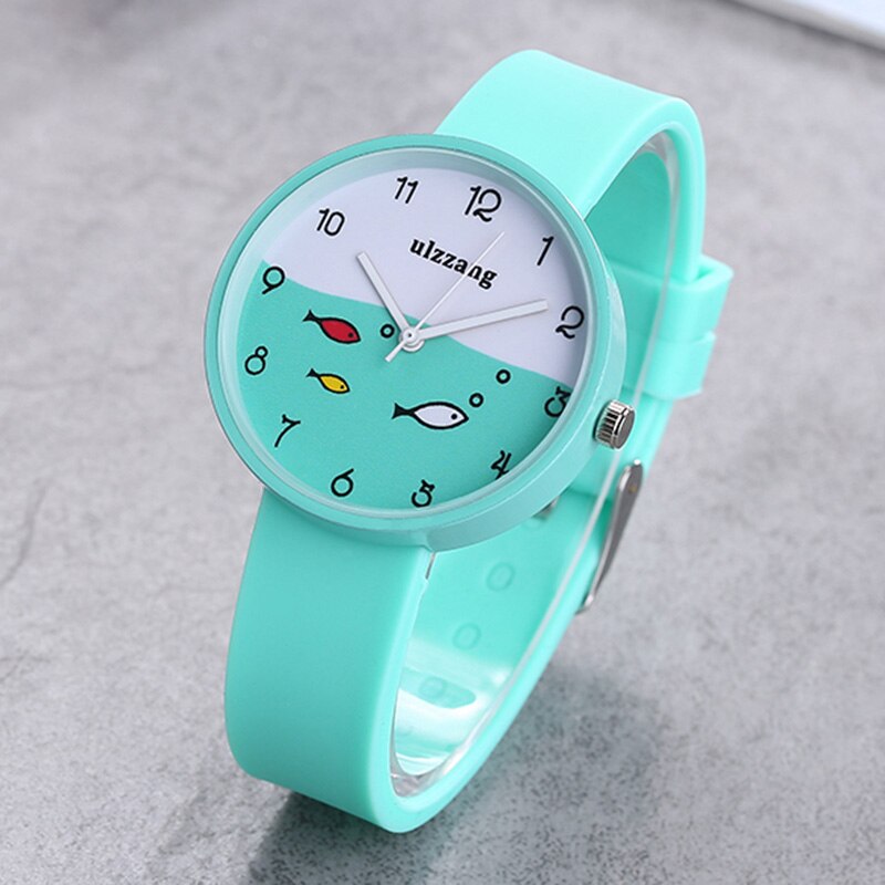 Luxury children's watch girl color silicone strap quartz watch small fish dial cartoon children's watch: Green