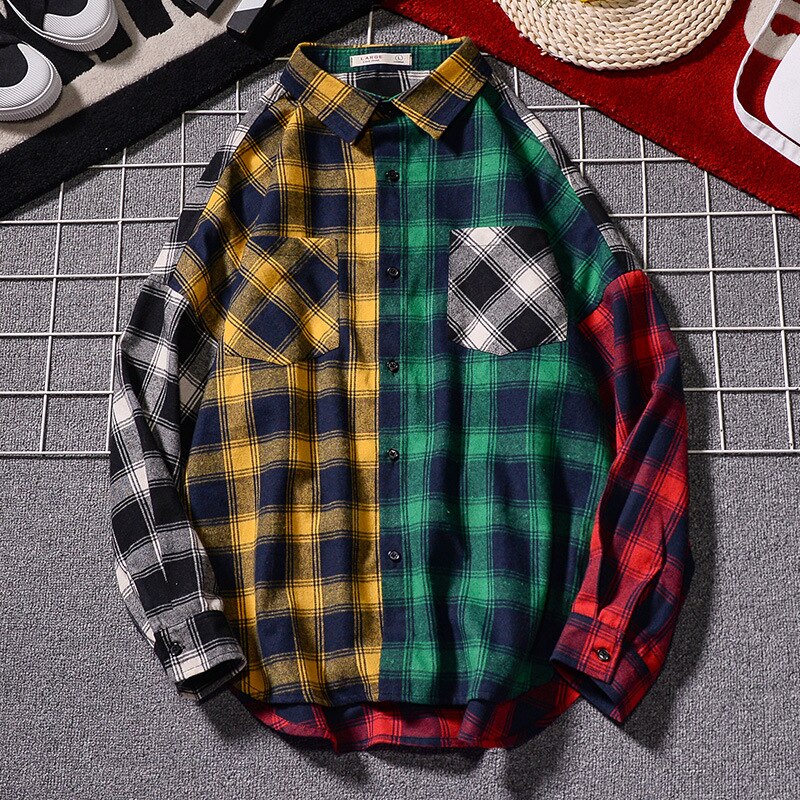 Spring And Autumn Plaid Long-Sleeved Shirt For Men And Women Couples Loose Color Matching Hip-Hop Trend Thin Shirt