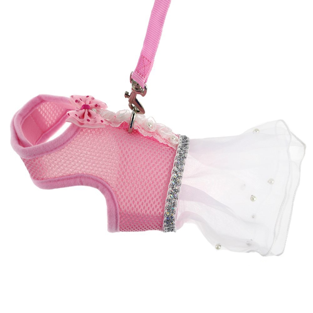 Conjunto de arnés y correa de malla para perro, en 5 colores, con pajarita, para perros pequeños y gatos, collar de arnés, falda de tutú de encaje para mascotas, chaleco, arnés, ropa, suministros