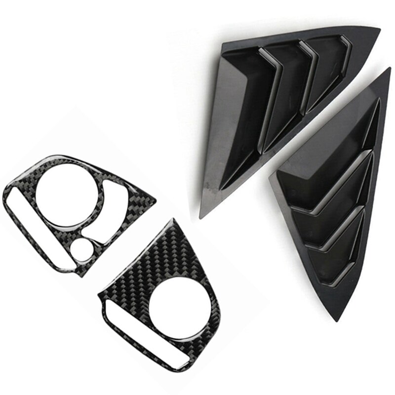 2Pcs Black Rear Window Louvers Shutters Cover & 2Pcs Car Carbon Fiber Style Steering Wheel Button Panel Cover Sticker