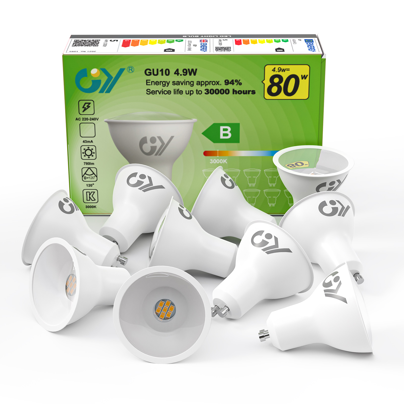 Bombilla LED GY GU10 4,9 W 790 lúmenes, reemplazo halógeno de 80 W, nueva clase de eficiencia energética B, bombillas LED GU10 no regulables