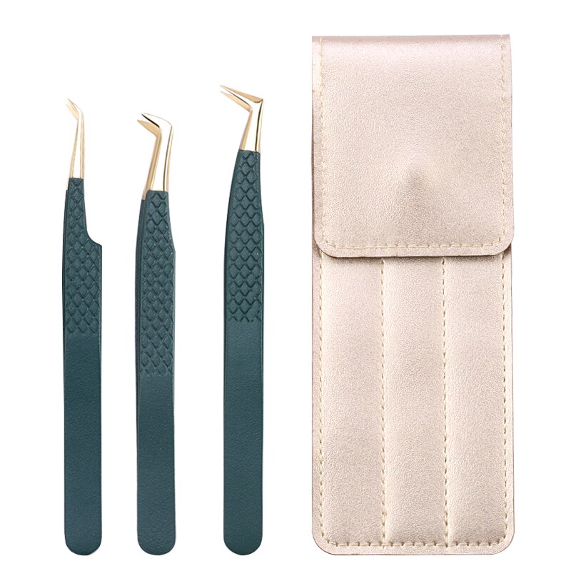 3Pc Eyelash extension Tweezers Set With Bag Stainless Steel Accurate 3D Volume Fan Lash Eyebrow Tweezer Makeup Tools Accessories: Amy Green
