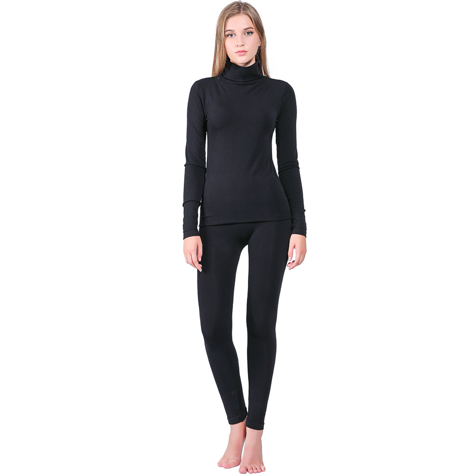 YOOY Brand Winter Thermal Underwear Women Elastic Breathable Female U-neck Casual Warm Long Johns Sets: H-neck-Black