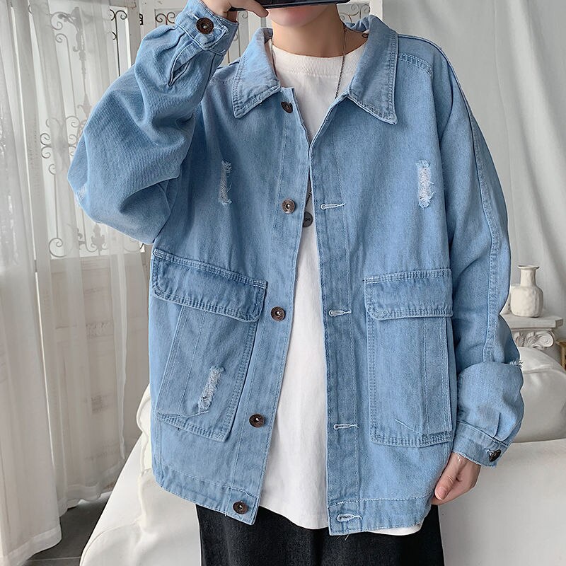 Lente Gat Denim Jas Heren Mode Retro Casual Gat Blauwe Denim Jas Mannen Streetwear Wilde Losse Hip Hop Bomber jas Mannen