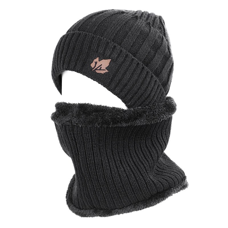 Chapeau écharpe d'hiver en feuille d'érable | Chapeau pour hommes et femmes, chapeau rayé en coton, tricot , ensemble écharpe en velours Plus bavoir épais,: Black-1