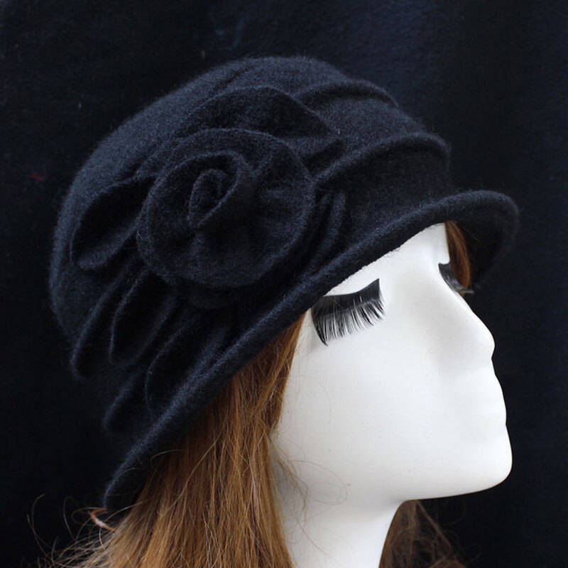 Vrouwen Koepel Fedora Hoed 100% Wol Dames Hoeden Emmer Cap Herfst Winter Solid Bloemen Warme Floppy Hoed Chapeau Femme: Black