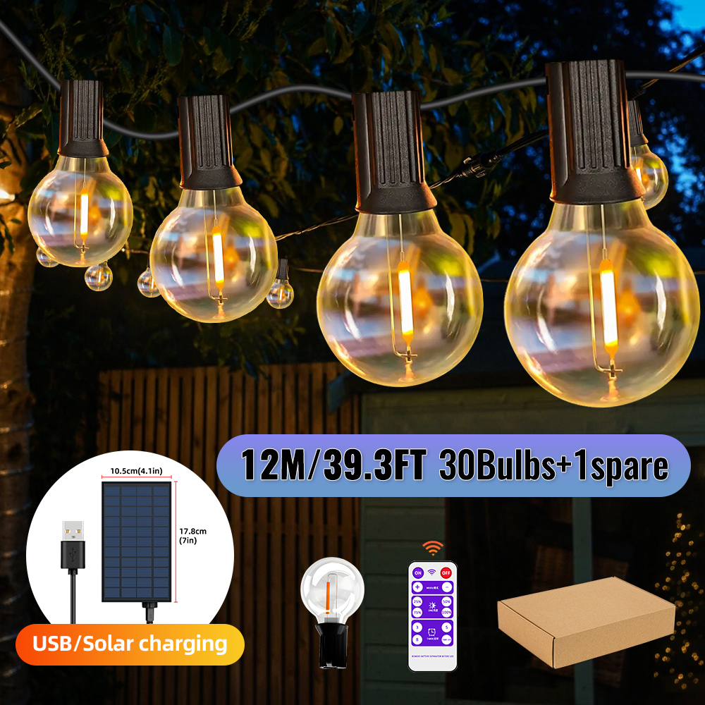 Guirnaldas de luces alimentadas por energía Solar para exteriores, luces de Patio G40 con bombillas LED inastillables, luces colgantes resistentes a la intemperie para bistró en el patio trasero: ROSE