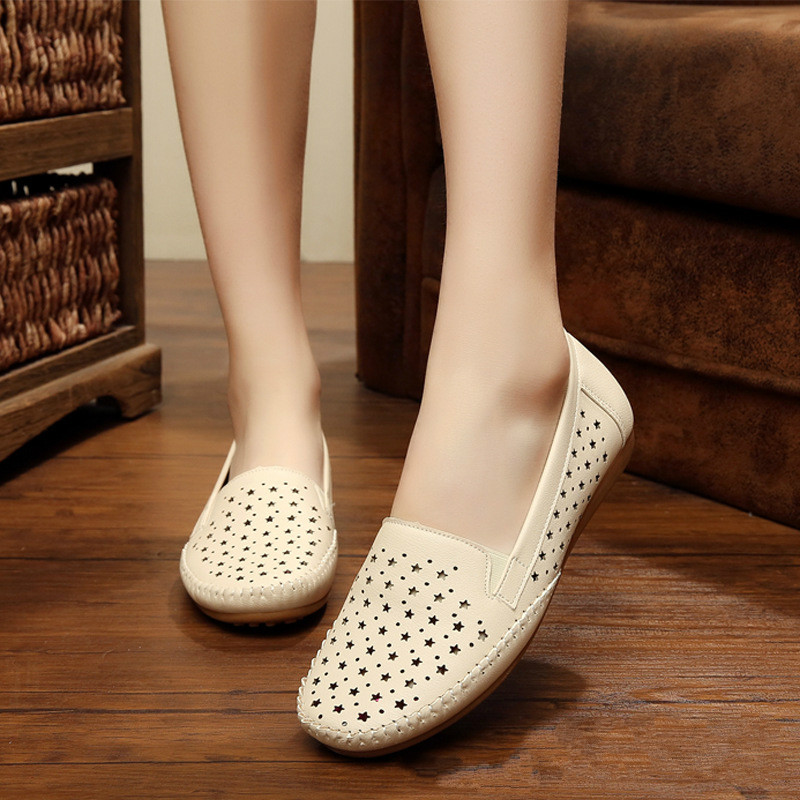 Sommer åndbar dame loafers sko blød bund kvindelige lejligheder behagelig blød pu læder afslappet dame sko: Beige / 8.5