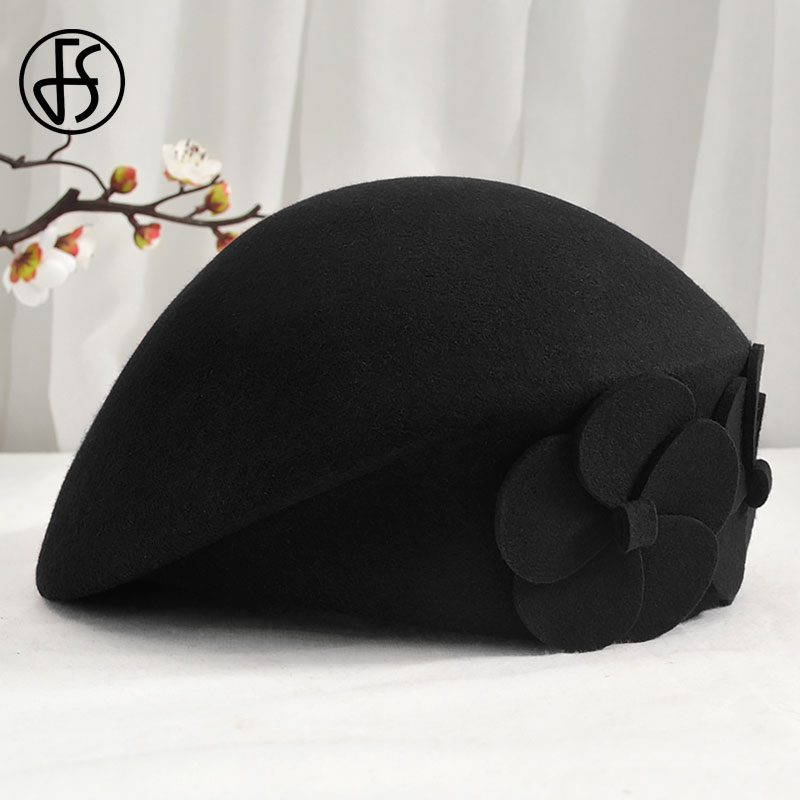 FS Winter Hats For Women Beret Wool Felt Fedora Hat Black Red Hats Wedding Church Party Cocktail Ladies Female French Artist Hat
