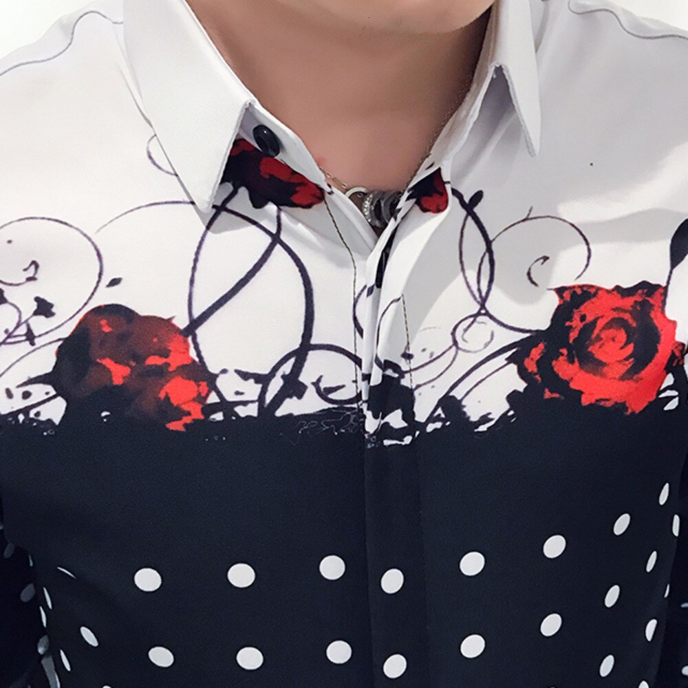 Prickiga blommönster skjortor herrklänning kläder herrskjortor casual slim fit streetwear social skjorta camisa masculina