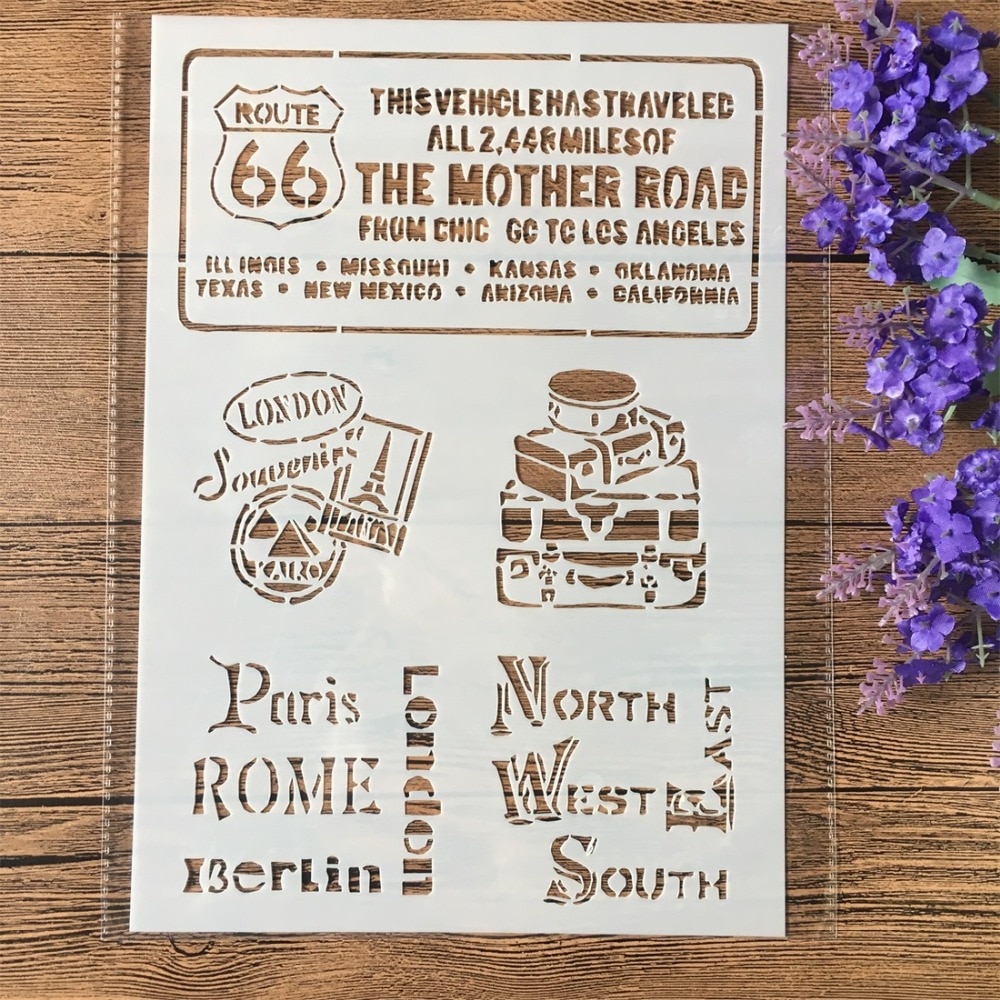 2Pcs/Lot A4 Bus Route 66 Label DIY Craft Layering Stencils Painting Scrapbooking Stamping Embossing Album Paper Template
