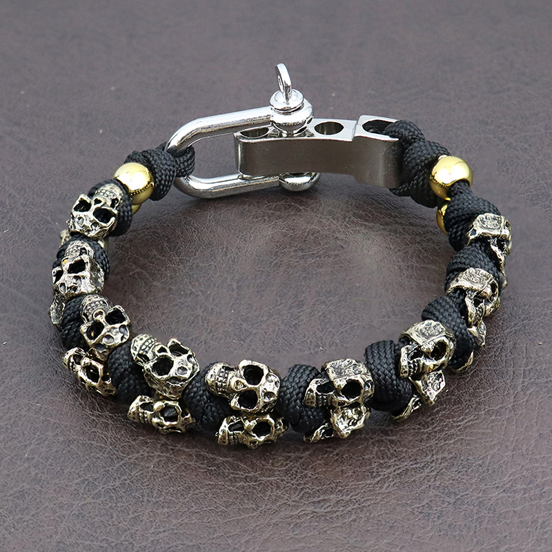 Pulsera tejida con calavera Vintage para hombre, brazaletes hechos a mano, brazaletes de Paracord de supervivencia al aire libre, pulseras ajustables Punk Hip Hop, joyería: Color amarillo dorado claro