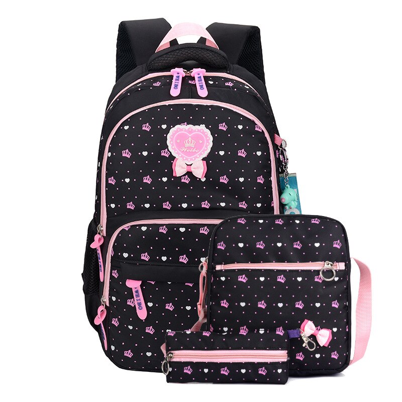 3 stks/set Crown Printing School Tassen voor Tienermeisjes Patroon Verse prinses schooltas Vrouwelijke Rugzakken mochila escolar Sac: black