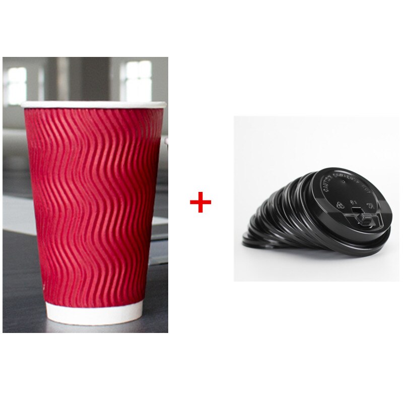 50Pcs Red Gegolfd Anti-Brandwonden Isolatie Dik Papier Cup 400Ml Wegwerp Koffie Sojamelk Drink Verpakking cups Met Deksel: cup and lid1 / 14oz 400ml 50pcs