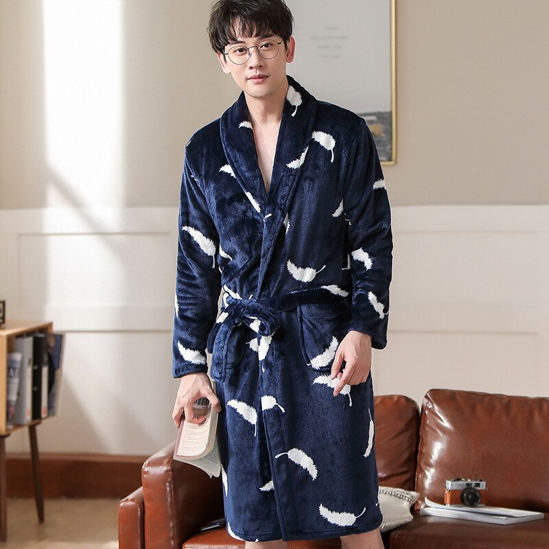 Men Robes Flannel Turn-down Collar Sashes Plus Velvet Thicker Winter Thermal Baggy Male Homewear Leisure Soft Simple Breathable