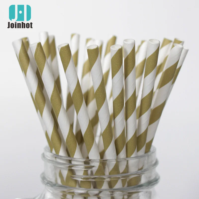 200 Biodegradable Paper Straws Assorted Rainbow Colors Striped Drinking Straws for Juice birthdays partys: Gold