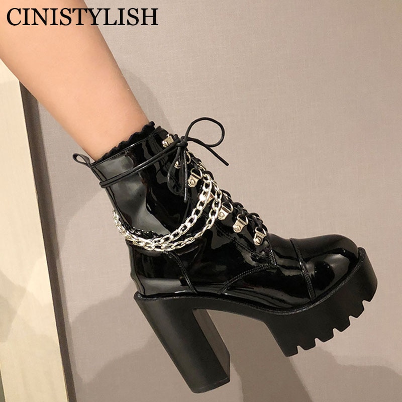 Gothique femmes bottines chaussures sur plate-forme chaîne en cuir verni femme Demonia bottes Punk Style dames hiver