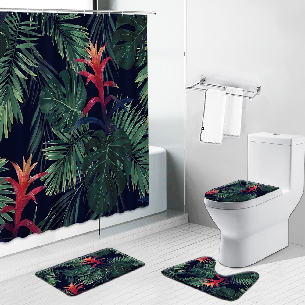 Pianta verde tropicale Monstera tende da doccia tappetino da bagno foglie di fiori scenario tappeto antiscivolo copriwater tappeto Set di decorazioni per il bagno: 3824L-4pcs Set