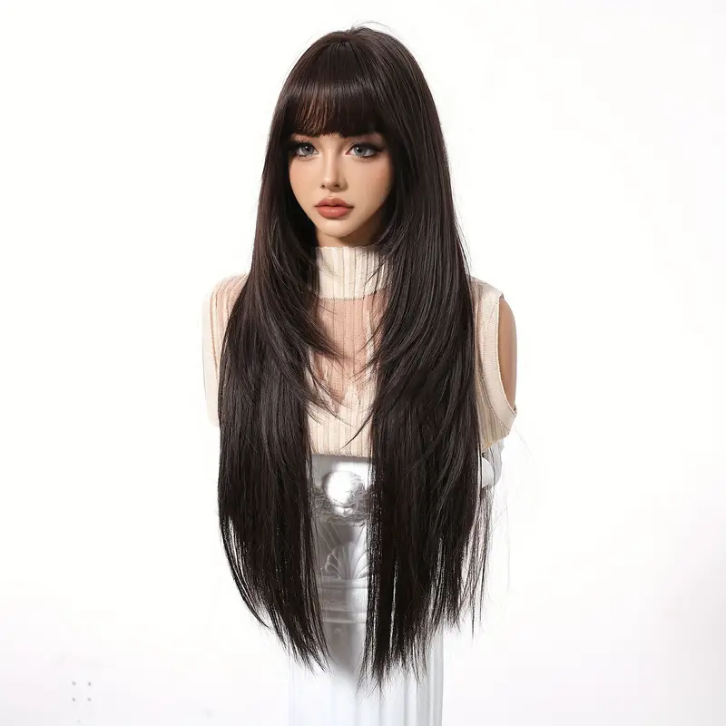 Lange gerade dunkelbraune synthetische Perücken mit Pony, seidige geschichtete Perücken für Frauen, täglicher Partygebrauch, Naturhaar-Perücke, hitzebeständig