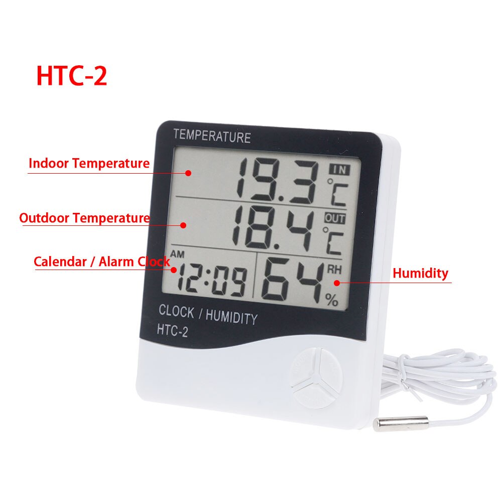 LCD Digital Temperature Humidity Meter Home Indoor Outdoor Electronic Thermometer Hygrometer Weather Station With Alarm Clock: HTC-2