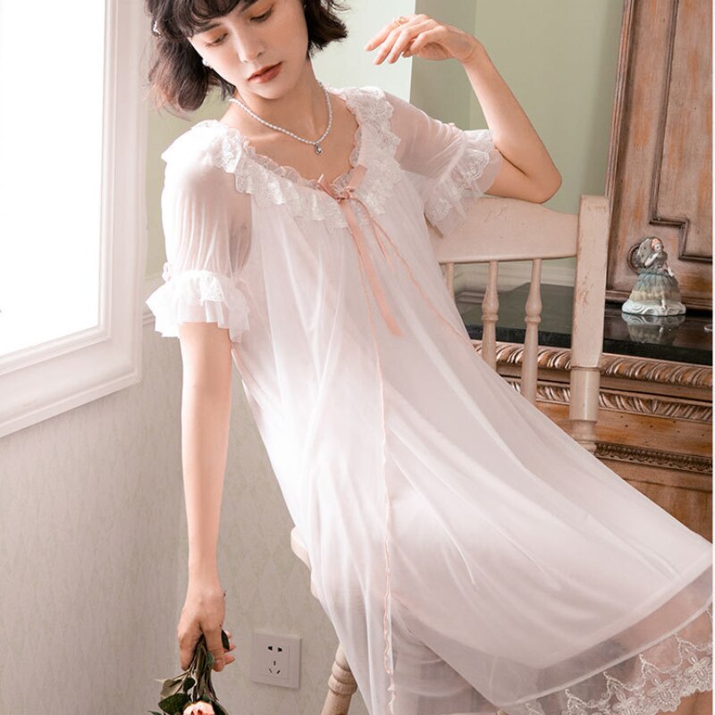 Women Romantic Nightgowns Vintage White Pink Lace Peignoir Mesh Nighty Victorian Night Dress Retro Princess Sleepwear Nightwear