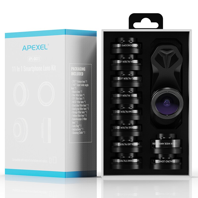 APEXEL 11 in 1 Camera Phone Lens Kit Wide Angle Macro Full Color/Grad Filter CPL ND Star Filter for iPhone Xiaomi All Smartphone