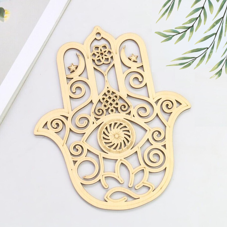 Træ geometrisk mønster vægophæng kunsthåndværk fatima hånd onde øje log ornamenter meditation yoga healing hjem vægdekoration