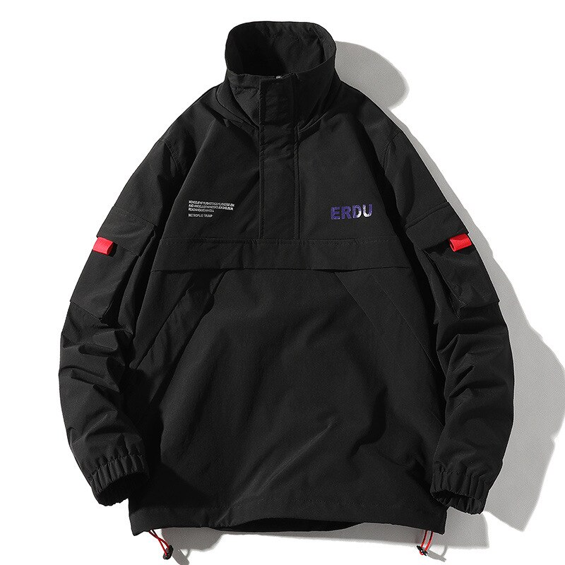 Män hip hop streetwear jacka rock retro färgblock patchwork harajuku jacka vindjacka oversized jackficka: Svart / Xl