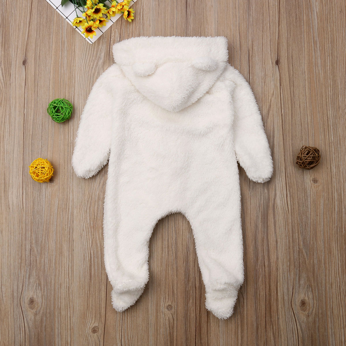 Winter Warm Cute Toddler Baby Girls Boys Fur Romper Ears Hooded Zipper Solid Long Sleeve Jumpsuits Romper 2 Colors