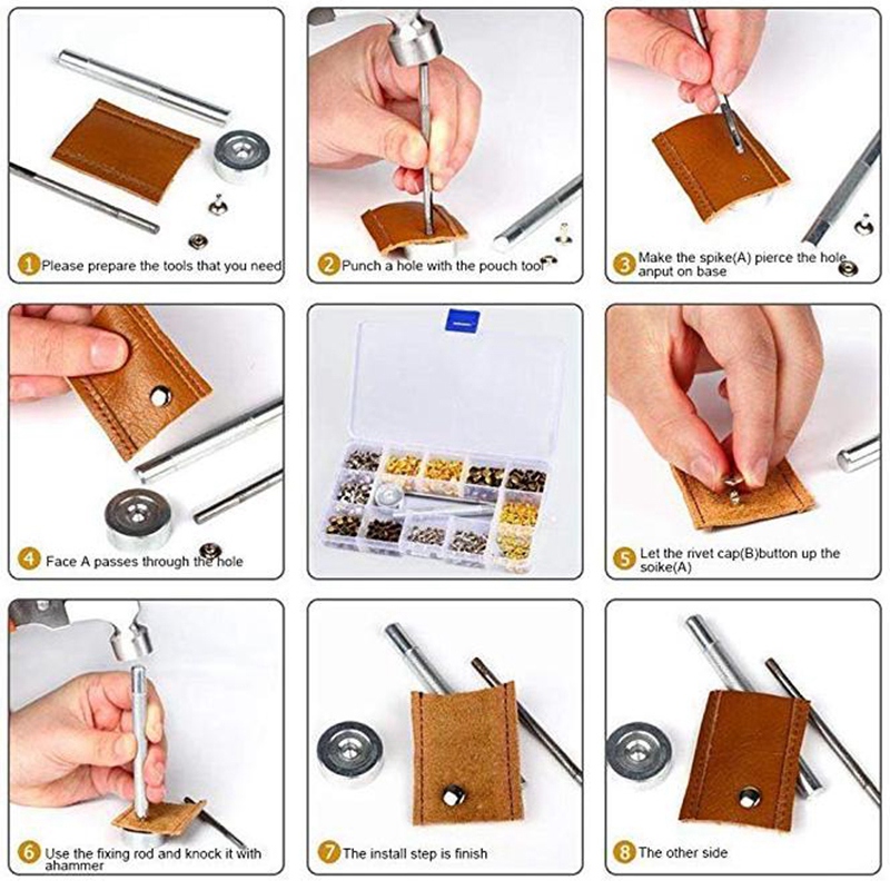 Remaches de cuero de 3 tamaños, tachuelas de Metal tubulares de doble tapa con 4 herramientas de fijación para artesanía de cuero Diy, 4 colores (oro, 360 Uds.