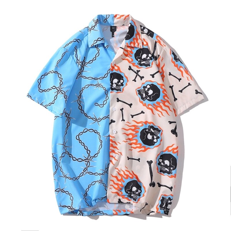 Kranium kædetrykte skjorter mænd sommer kortærmet hawaiian strand løse afslappede skjorter hip hop streetwear koreanske harajuku skjorter: Blå / Asiatisk størrelse xl