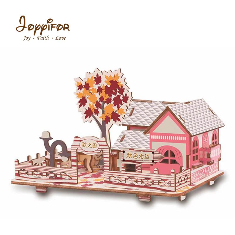 3D Mode Garden room Double storey House PuzzlesEducation Toy Model Building Wooden 3D Children's toy: Brown