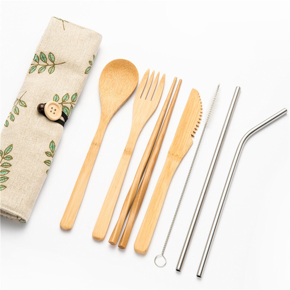Draagbare Bestek Set Houten Bestek Vork Lepel Mes Tandenborstel Eetstokjes Bamboe Stro met Bestek Zak voor Reizen Picknick Set