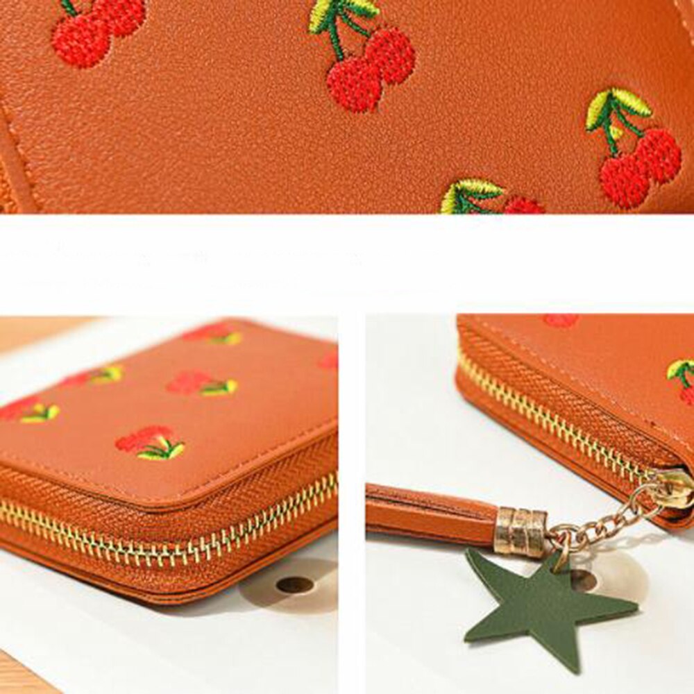 PU Cherry Embroidered Short Women Wallet Zipper Coin Purse Tassel Women Clutch Purses Cards Holder Coin Pocket