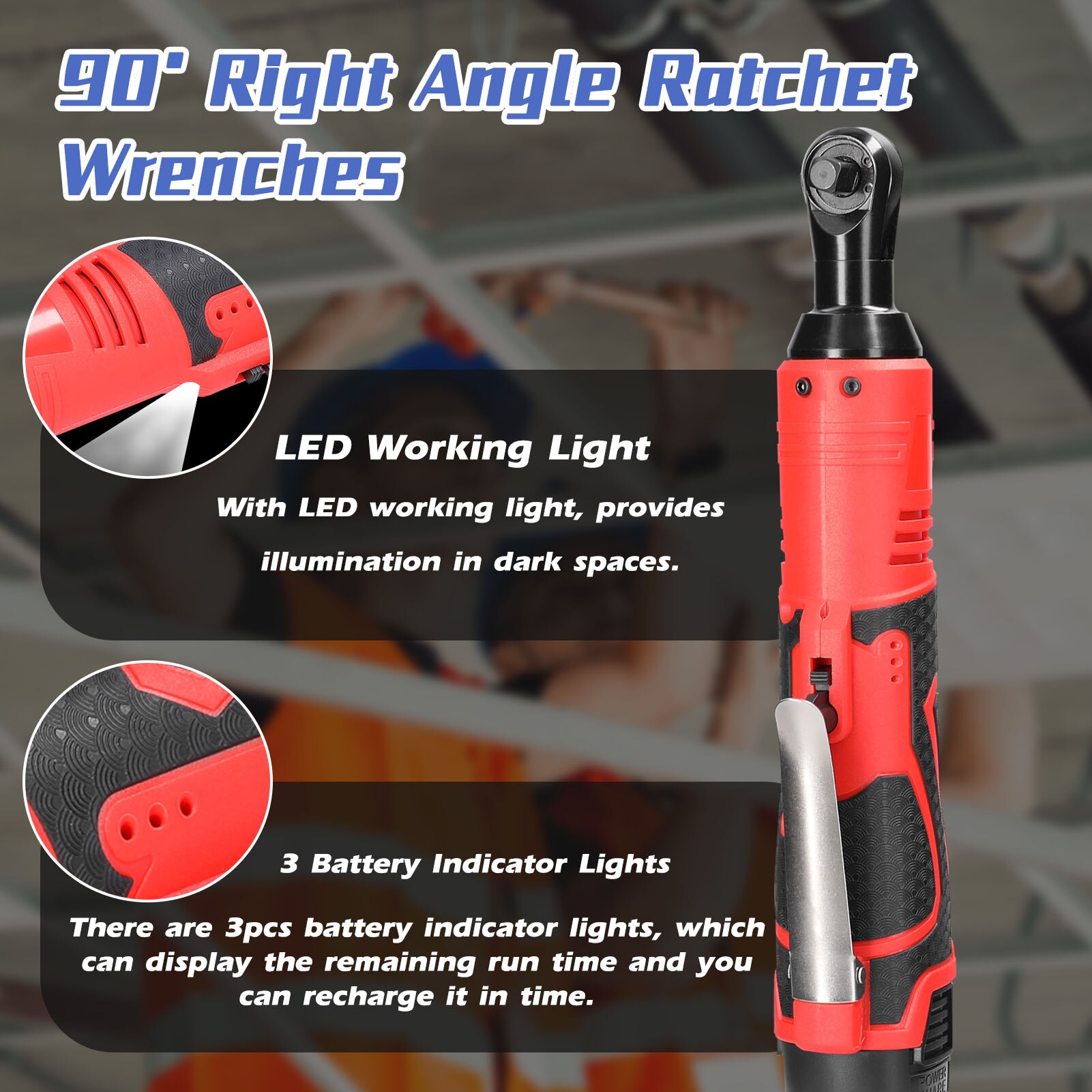 16.8V Impact Wrench Cordless Rechargeable Electric Wrench 3/8 Inch 90° Right Angle Ratchet Wrenches Impact Driver Power Tool