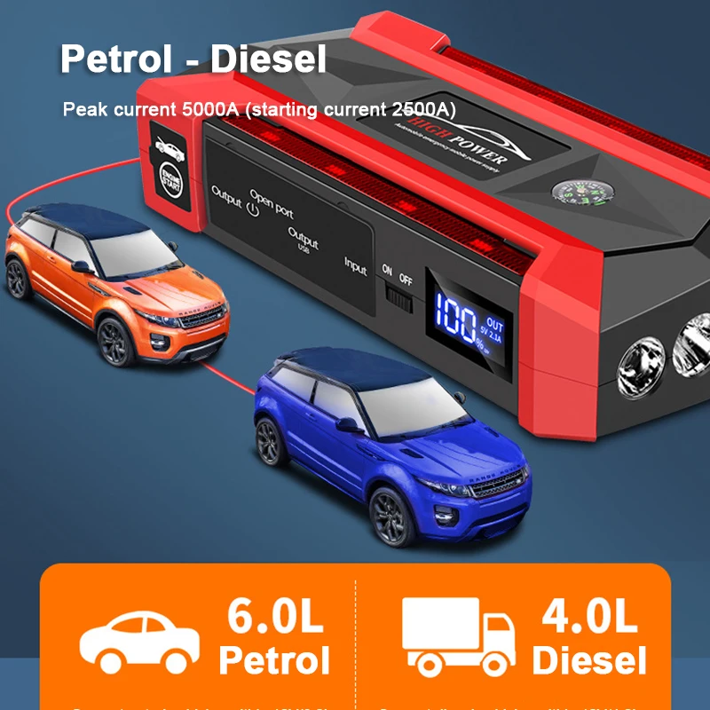 Chargeur de batterie de voiture portable, démarreur automatique pour diabétique, booster de démarrage d'urgence, alimentation, or, diesel, 12V, 30000mAh
