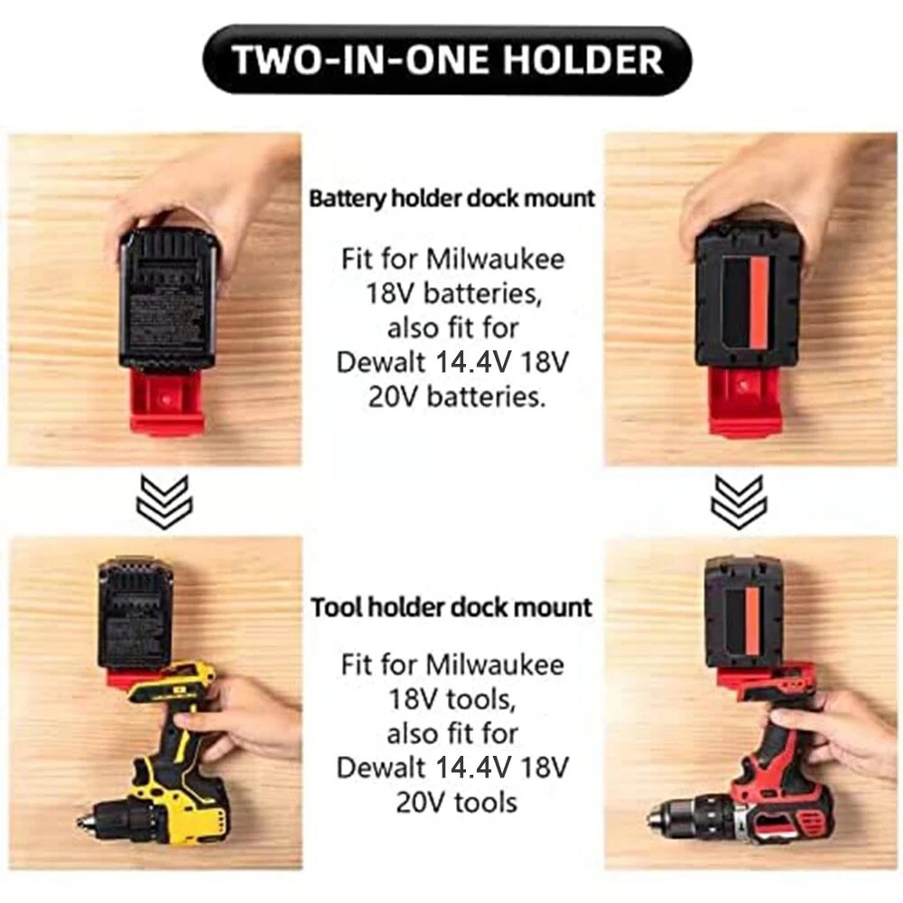 5 stk. 2-- i- -1 verktøyoppheng og dokk - veggmontert batteriholder til dewalt 20v og milwaukee 18v batterier