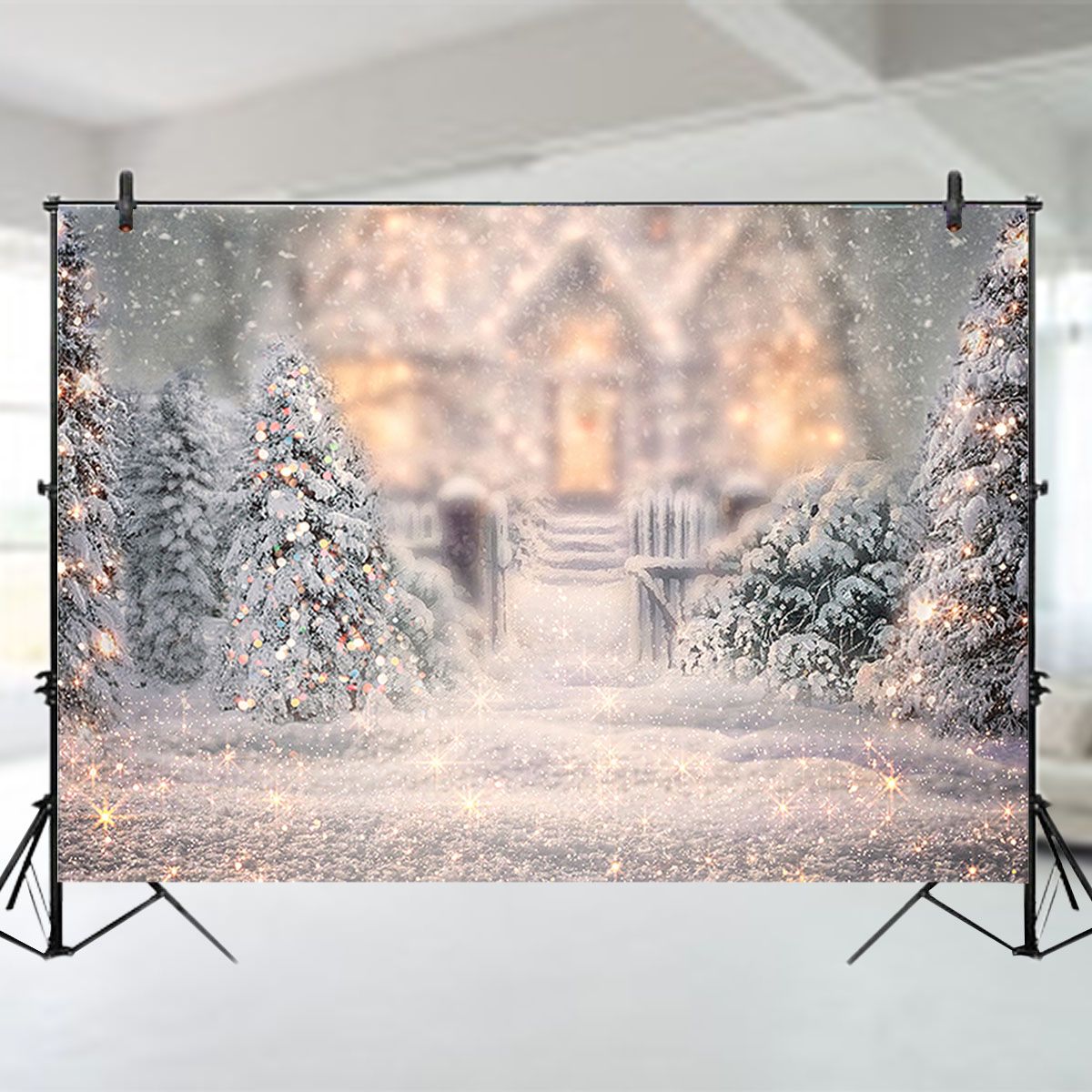 Hiver neige photographie arrière-plan forêt bois mur fenêtre flocon de neige étoiles noël toile de fond pour fête d'anniversaire Photo Studio: 210x150cm / Bleu Royal