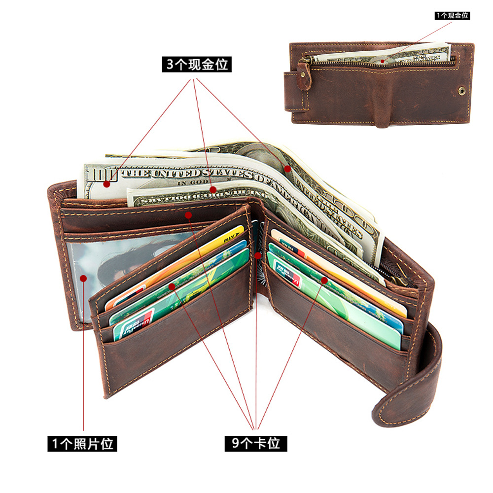Men's Crazy Horse Leather Short Wallet Genuine Leather Buckle Wallet Vintage Top Layer Cowhide Card Holder Multi-Card Wallet