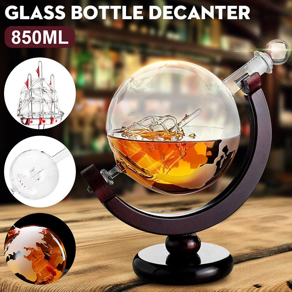 Etched Globe Decanter 850ml Whiskey Wine Decanter with Wood Frame for Home Bar @LS