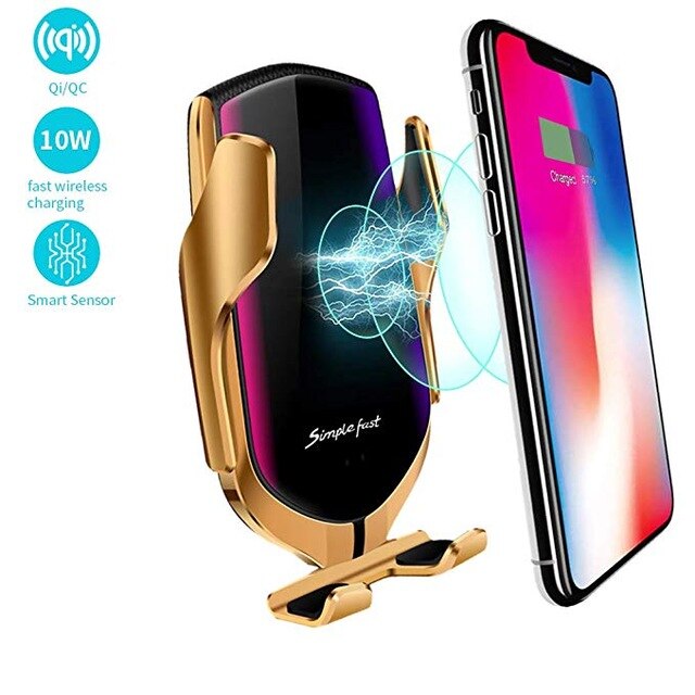 R1 Automatic Clamping 10W Quick Car QI Wireless Charger Stand for IPhone 11 Pro Max SE Huawei LG Fast Charging Phone Holder: Gold