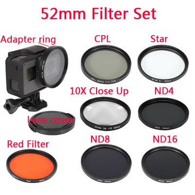 Juego de filtros para GoPro Hero 7, 6, 5, accesorios, lente estrella 52mm ND 4/8/16/ CPL/UV/MC/filtro de color rojo con anillo adaptador de tapa de lente: SET