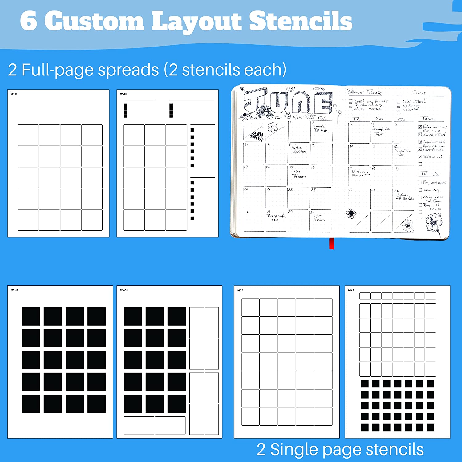 6Pack Reusable Monthly Layouts Speedy Spreads Journal Stencils for A5 Bullet Dot Grid Notebook, Save Time on Full-Page