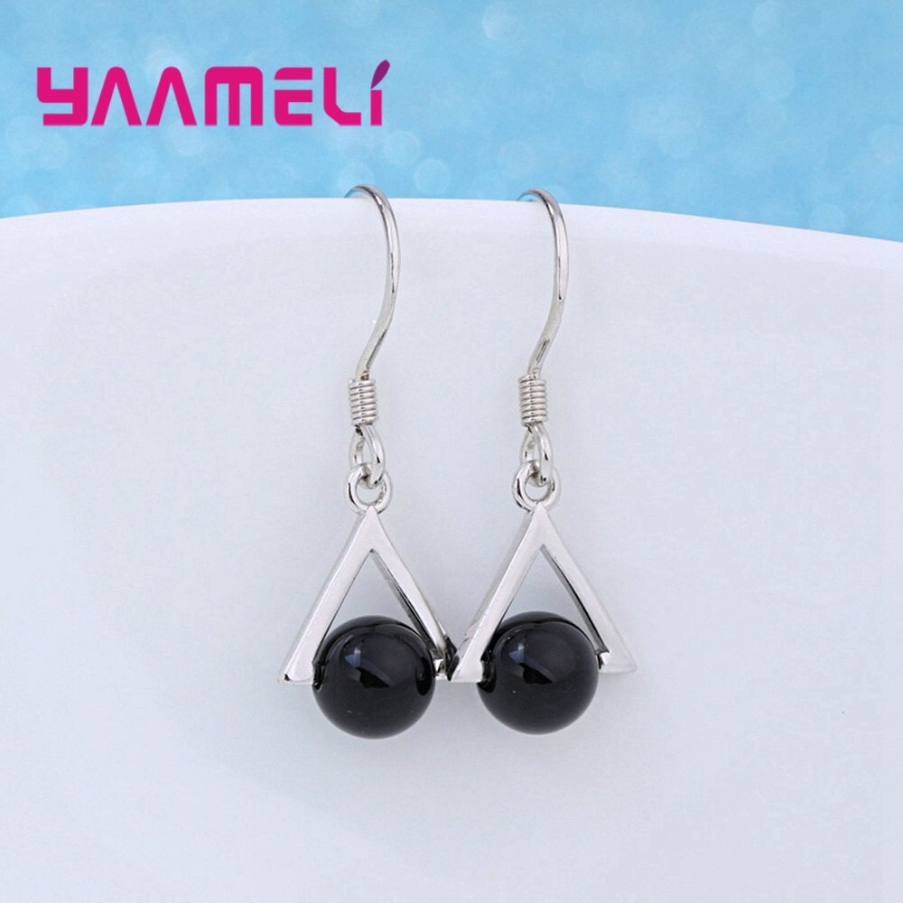 Charming Black Glass Triangle Pendant Necklace Earrings Jewelry Sets for Women Mother Solid 925 Sterling Silver